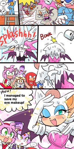 anthro breasts clothed clothing dialogue eyelashes female gloves handwear paint_can paint_splatter painting_(action) pink_clothing teeth text white_clothing white_gloves white_handwear wings yotsumeddd bat canid canine canis domestic_cat domestic_dog eulipotyphlan felid feline felis hedgehog lagomorph leporid mammal rabbit comic english_text hi_res