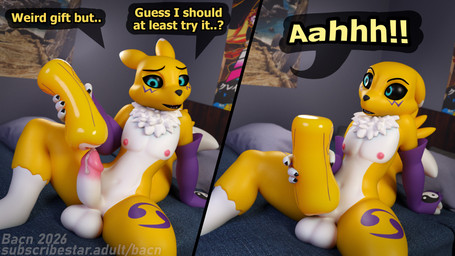 anthro armwear balls bed bedroom black_sclera bodily_fluids claws clothing cum detailed_background dialogue double_tomoe dripping elbow_gloves erection fingers furniture genital_fluids genitals glans gloves handwear humanoid_genitalia humanoid_penis implied_incest male mostly_nude mostly_nude_anthro mostly_nude_male nipples on_bed open_mouth penetrable_sex_toy penetration penile penis pink_glans portal_fleshlight precum precum_drip sex sex_toy smile solo speech_bubble tail teeth text thinking_with_portals tomoe_(symbol) white_balls white_body white_penis yellow_body bacn bandai_namco digimon renamon_(bacn) canid canine digimon_(species) fox mammal renamon 16:9 2026 3d_(artwork) 4k absurd_res blender_(artwork) blender_cycles_(artwork) comic digital_media_(artwork) english_description english_text hi_res widescreen brother_(lore) brother_and_sister_(lore) incest_(lore) sibling_(lore) sister_(lore)