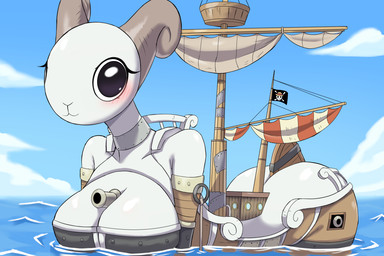 :3 big_breasts black_eyes blush boat breasts butt cannon choker cleavage clothed clothing cloud day eyelashes female flag glistening glistening_eyes horn huge_breasts jewelry jolly_roger looking_at_viewer necklace outside ranged_weapon sail sea ship sky smile solo vehicle water watercraft weapon zerokun135 one_piece going_merry animate_inanimate bovid caprine goat humanoid mammal 3:2 hi_res