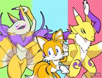 2_tails 9_tails ambiguous_gender anthro armwear armwear_only black_sclera blue_eyes bridal_gauntlets chest_tuft clothing colored_sclera dipstick_ears dipstick_tail ear_markings fur gloves group handwear leg_markings markings mostly_nude multi_tail multicolored_ears purple_body purple_fur socks_(marking) tail tail_markings text tomoe_(symbol) trio tuft white_body white_fur yellow_body yellow_eyes yellow_fur chana bandai_namco digimon keep_your_hands_off_eizouken! level-5 sega sonic_the_hedgehog_(series) yo-kai_watch kyubi_(yo-kai_watch) miles_prower digimon_(species) mammal renamon 2020 artist_name hi_res