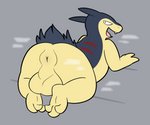 3_toes 6:5 anus backsack balls big_anus big_balls birdvian butt fangs feet generation_2_pokemon genitals hi_res looking_back male nintendo open_mouth paws pokemon pokemon_(species) presenting simple_background solo steam teeth toes typhlosion wide_hips y_anus