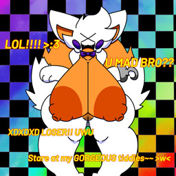 alternative_fashion anthro areola big_breasts breasts cleavage clothed clothing erect_nipples female fluffy fluffy_tail genitals hook hook_hand huge_breasts hyper hyper_breasts laugh laughing_at_viewer nipples pubes rainbow rainbow_background scene_(fashion) simple_background solo tail thick_thighs vulva wide_hips xd souljulius31uwu five_nights_at_freddy's five_nights_at_frickbear's_(series) five_nights_at_frickbear's_3 scottgames lolbit_(frickbear's) canid canine fox mammal hi_res
