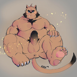 anthro anus armpit_hair balls blue_eyes body_hair butt claws erection fur genitals grumpy humanoid_genitalia humanoid_penis male muscular muscular_anthro muscular_male nipples pecs penis pubes slightly_chubby solo radcanine felid feline mammal 1:1 absurd_res digital_media_(artwork) hi_res