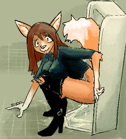 anthro bodily_fluids boots bottomwear clothing crouching denim denim_bottomwear denim_clothing female footwear fur genital_fluids high_heeled_boots high_heels jeans looking_at_viewer orange_body orange_fur pants peeing shoes solo tail torn_bottomwear torn_clothing torn_jeans torn_pants urinal urine hieronymusjohnson canid canine fox mammal aliasing binary_drawing digital_drawing_(artwork) digital_media_(artwork)