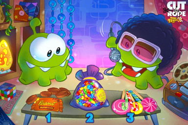 1_antenna afro ambiguous_gender antennae_(anatomy) black_hair candy dessert disk duo electronics eyewear food furniture glasses green_body green_skin grey-framed_eyewear hair holding_microphone holding_object inside lollipop microphone not_furry open_mouth sunglasses table teeth text maksim_nikonets cut_the_rope om_nom alien monster nommie 2013 3:2 copyright_name official_art ancestor_and_descendant_(lore)