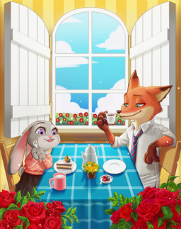 anthro beverage bottomwear buckteeth cake carrot chair claws clothing coffee_mug coffee_pot container cup cutlery dessert dress duo female flower food fork fur furniture gloves_(marking) green_eyes grey_body grey_fur kitchen_utensils long_ears male markings orange_body orange_fur plant purple_eyes rose_(flower) sitting skirt smile table tea tea_cup teeth tools vegetable window itbe disney zootopia judy_hopps nick_wilde canid canine fox lagomorph leporid mammal rabbit red_fox true_fox 2016