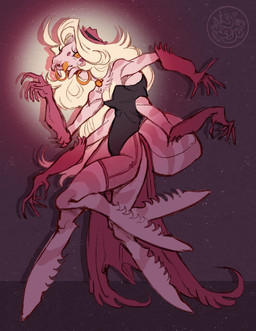 4_arms ambiguous_gender anthro black_clothing black_leotard blonde_hair clothed clothing ear_piercing ear_ring hair hoop_ear_ring leotard long_hair mandibles multi_arm multi_limb piercing pink_body realistic_anthro redesign ring_piercing solo s0kkix hazbin_hotel hellaverse angel_dust arachnid arthropod absurd_res hi_res