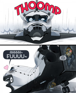 aircraft anthro anthro_prey black_body blue_clothing blue_shirt blue_topwear blush bodily_fluids clothing duo falling_over female female_pred feral feral_pred genital_fluids genitals head_first heart_symbol ladder machine male male/female male_prey object_in_pussy shirt simple_background speech_bubble text topwear unbirthing vaginal vaginal_fluids vehicle vore vulva wheel white_background white_body white_wings wings dolphinproject dire_aircraft dire_machine dire_vehicle kobold living_aircraft living_machine living_spacecraft living_vehicle scalie 2026 comic english_text hi_res