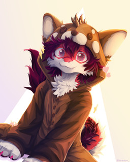 :3 anthro arm_support brown_clothing button_(fastener) cheek_tuft claws clothed clothing countershading cute_fangs dutch_angle facial_tuft fangs fluffy fluffy_tail forward_arm_support fully_clothed fur geometric_background gradient_background hair heart_symbol kemono kigurumi leaning leaning_forward long_sleeves looking_at_viewer male onesie pink_claws pink_eyes pointy_ears prick_ears pupils purple_body purple_fur purple_hair purple_pupils red_body red_fur simple_background sitting slim_male solo sparkles spread_legs spreading star_symbol tail tail_tuft teeth text tuft white_body white_countershading white_fur white_inner_ear acronium mythology dragon furred_dragon furred_scalie mythological_creature mythological_scalie scalie artist_name digital_media_(artwork) hi_res