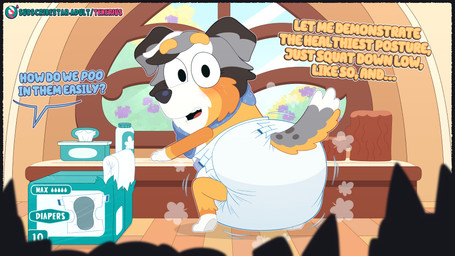 anthro baby_powder baby_wipes big_diaper blush blush_lines classroom crouching dialogue diaper diaper_package female fur grey_body grey_fur kerchief orange_body orange_fur school student talking_to_another teacher text white_body white_fur window tenerius bluey_(series) calypso_(bluey) australian_shepherd canid canine canis domestic_dog herding_dog mammal pastoral_dog sheepdog 16:9 2026 absurd_res digital_media_(artwork) english_text hi_res widescreen