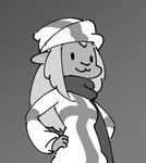 anthro breasts clothed clothing female finnish_flag fully_clothed grey_background hair hand_on_hip headgear headwear long_hair scarf simple_background smile solo standing intfarm mimmi bovid caprine felid mammal sheep greyscale low_res monochrome