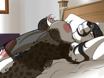 anthro bdsm bedroom big_breasts black_hair bondage bound breasts clothed clothing fluffy fluffy_chest freckles fur genitals hair intersex lingerie markings muzzle_(object) muzzled nipples nude penis restraints rope rope_bondage simple_background simple_coloring solo spots phantomx999 rachel_addison felid feline mammal pantherine snow_leopard digital_media_(artwork) hi_res shaded wallpaper