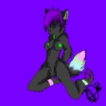 abstract_background anthro black_body black_fur blue_eyes breasts female fur green_nipples green_tongue hair nipples nude open_mouth pose purple_background purple_hair short_hair simple_background solo sparklefur tail tongue anthropornorphic emmyizawa canid canine canis mammal wolf 1:1