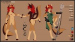 2013 4_toes anthro arabic arabic_text ayn_(fluff-kevlar) biped black-backed_jackal black_border blue_eyes border breasts brown_body brown_fur butt canid canine canis chest_tuft claws clothed clothing color_swatch conditional_dnp countershading crown digital_media_(artwork) digitigrade ear_piercing english_text feet female fluff-kevlar fur genitals hair hammer headgear hi_res jackal mammal melee_weapon model_sheet multicolored_body multicolored_fur navel navel_piercing nipple_piercing nipples nude piercing polearm pussy red_hair signature simple_background solo species_name standing tail text tiara toes tongue tongue_out tongue_piercing tools translation_request tuft weapon