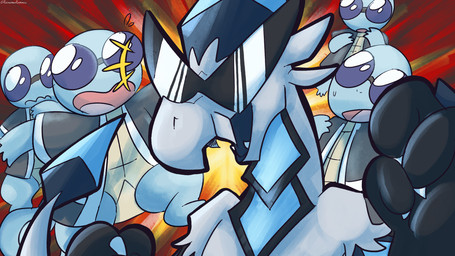 abstract_background ambiguous_gender bottomless clothed clothing emanata eyewear grey_body group jacket jacket_only round_sunglasses scales sunglasses topwear topwear_only triangle_sunglasses screamoshaymin nintendo pokemon diamond_hakamo-o squirtle_squad generation_1_pokemon generation_7_pokemon hakamo-o pokemon_(species) squirtle 16:9 hi_res widescreen