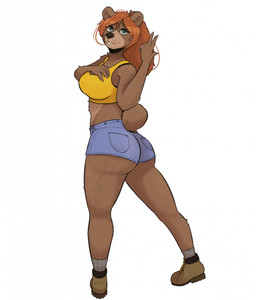 anthro arm_on_breasts belly big_butt big_nose bottomwear breasts brown_body brown_fur butt clothing dark_nose eyelashes female footwear freckled_arms freckled_belly freckled_butt freckled_face freckled_hips freckled_legs freckled_shoulders freckled_thighs freckles fur green_eyes hair hiking_boots long_eyelashes nub_tail orange_hair pockets shirt shorts snout socks solo tank_top topwear yellow_clothing yellow_shirt yellow_tank_top yellow_topwear katahdin kat_(katahdin) bear mammal hi_res