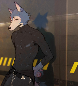5_fingers anthro belt chain clothing digit_ring fingers jewelry latex latex_clothing latex_skinsuit male muscular muscular_male reflection ring skinsuit solo tail tight_clothing wedding_ring tsupunya beastars legoshi_(beastars) canid canine canis mammal wolf 2023 digital_drawing_(artwork) digital_media_(artwork) hi_res signature