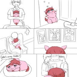 :3 ambiguous_feral ambiguous_gender bag clothed clothed_human clothing dialogue duo eyes_closed featureless_crotch feral fur hair happy heart_symbol hooves hospital hug lifting_another lying male male_human photo pillow pink_body pink_fur red_hair red_hooves red_tail shocked sitting tail text tired young young_ambiguous young_feral young_human young_male yellowcottoncandy030 fluffy_pony fluffy_pony_(species) human mammal 1:1 2025 digital_media_(artwork) english_text hi_res partially_colored