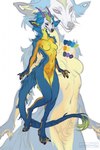 anthro arm_tuft back_tuft black_claws black_sclera blue_body blue_ears blue_fur breasts cheek_tuft claws color_swatch crotch_tuft ear_piercing eyelashes facial_tuft featureless_breasts female finger_claws flesh_tunnel fluffy fluffy_ears fluffy_tail front_view fur gauged_ear gradient_fur green_tail_tuft grey_inner_ear grey_nose grey_pawpads head_tuft horn inner_ear_fluff neck_tuft nude orange_body orange_fur pawpads piercing purple_eyes purple_horn shoulder_tuft solo standing tail tail_tuft toe_claws tuft white_body white_fur yellow_body yellow_breasts yellow_fur yellow_inner_ear_fluff lostgoose mythology shesker_(lostgoose) dragon furred_dragon furred_scalie mythological_creature mythological_scalie scalie 2022 dated hi_res model_sheet signature