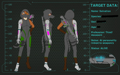 5_fingers amber_eyes ambiguous_gender anthro clothing cybernetic_arm cybernetic_foot cybernetic_leg cybernetic_limb cyberpunk feet fingers fur grey_clothing gun hexagon_background hexagonal_grid hindpaw hood jumpsuit leg_markings leg_pouch long_snout markings mask multicolored_body multicolored_fur neon_lights paws ranged_weapon redacted_text rifle snout solo weapon wrapped_tail zk-fur salvation_(zk-fur) ambiguous_species canid canine mammal 16:10 absurd_res hi_res model_sheet widescreen