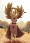 anthro anthrofied antlers avian breasts cactus canyon desert dunewulff female generation_2_pokemon genitals hi_res horn jewelry light looking_at_viewer melee_weapon necklace nintendo noctowl plant pokemon pokemon_(species) pokemorph polearm pubes pussy solo spear sunlight unnamed_noctowl_woman_(dunewulff) weapon