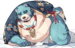 anthro asian_clothing belly big_belly black_nose blue_body blush clothing east_asian_clothing fundoshi japanese_clothing kemono male moobs navel nipples overweight overweight_male solo underwear white_clothing white_fundoshi white_underwear yed bonasiah full_attack sophring_jie bear mammal 2024 absurd_res hi_res