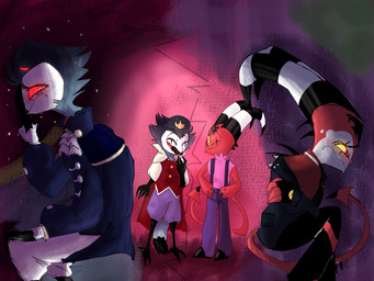 anthro bodily_fluids clothing crown crying depression detailed_background duo eyes_closed formal_clothing formal_wear frown fur grey_body grey_fur grey_hair hair headgear horn looking_down male red_body red_eyes red_skin sad short_hair sitting smile standing tears white_face yellow_eyes someredfox hellaverse helluva_boss blitzo_(helluva_boss) stolas_(helluva_boss) avian bird imp owl owl_demon 4:3 hi_res
