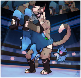 anthro bite blush blush_lines border clothing duo exhibitionism fight fighting_pose fighting_ring holding_both_legs huge_hips licking male male/male mask pose raised_leg rope speedo sports_mask sportswear swimwear tongue white_border wide_hips wrestling wrestling_mask elcomanfard elco_manfard ty_(tybern) canid canine felid fox hybrid leopard mammal pantherine hi_res