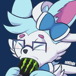 accessory ambiguous_gender anthro beverage black_nose blue_bow blush bodily_fluids bow_ribbon ear_tuft energy_drink eyes_closed eyewear facial_tuft fur glasses hair_accessory hair_bow hair_ribbon holding_object object_in_mouth purple_inner_ear ribbons saliva solo tuft white_body white_fur zriartz monster_energy nintendo pokemon deltra eeveelution generation_6_pokemon pokemon_(species) sylveon 1:1 2021 alpha_channel signature