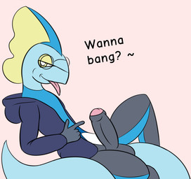 alternate_species anthro balls bedroom_eyes black_body blep blue_body bottomless clothed clothing contiguous_snout dialogue erection eyewear genitals gesture glasses hand_gesture hoodie humanoid_genitalia humanoid_penis looking_at_viewer lounging male multicolored_body narrowed_eyes penis pointing pointing_at_penis seductive side_view simple_background solo tan_background text tongue tongue_out topwear two_tone_body yellow_eyes dabelette nintendo pokemon dabelette_(character) fan_character generation_8_pokemon inteleon pokemon_(species) 2020 english_text hi_res