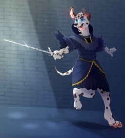 4_toes 5_fingers anthro barefoot biped black_nose blue_eyes brick brick_wall brown_spots claws ear_piercing feet finger_claws fingers fur holding_melee_weapon holding_object holding_sword holding_weapon male markings melee_weapon open_mouth pawpads piercing pink_tongue smile solo spots spotted_body spotted_fur standing sword teeth toe_claws toes tongue tongue_out wall_(structure) weapon white_body white_fur skeleion canid canine canis domestic_dog mammal 2018 digital_media_(artwork) hi_res source_request unavailable_at_source