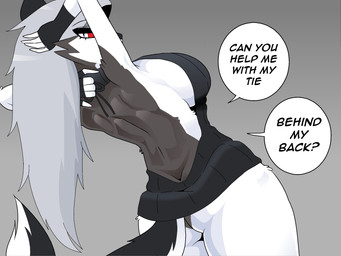 anthro black_clothing breasts butt clothing dialogue eyelashes female grey_hair hair halterneck hands_behind_head red_sclera side_boob solo speech_bubble sweater tail text tongue topwear virgin_killer_sweater carliabot hellaverse helluva_boss meme_clothing mythology loona_(helluva_boss) canid canid_demon canine demon hellhound mammal mythological_canine mythological_creature 2025 4:3 english_text meme