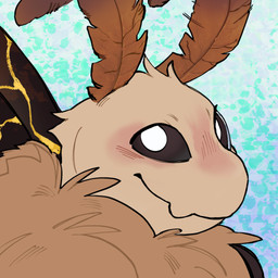 antennae_(anatomy) anthro black_sclera blue_background blush brown_body brown_fur fangs fur insect_wings kintsugi_(art) lepidopteran_wings looking_at_viewer neck_tuft simple_background teeth tuft white_eyes wings mothaala floof_(binaryfloof) arthropod insect lepidopteran moth 1:1 hi_res