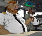 aircraft airliner airplane anthro belly belly_overhang big_belly brown_body brown_fur chair clothing cockpit dessert detailed_background doughnut duo food fur furniture horn inside_airplane male male/male musclegut muscular overweight overweight_male pastry pilot pilot_uniform sitting uniform vehicle sheppyduke duke_(sheppyduke) bovid bovine canid canine canis cattle domestic_dog german_shepherd herding_dog mammal pastoral_dog absurd_res detailed hi_res