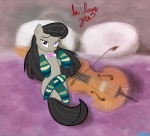 bed black_hair bow_(feature) bow_(stringed_instrument) bow_tie bowed_string_instrument cello clothing female footwear furniture hair legwear looking_at_viewer lying musical_instrument on_back pillow purple_eyes socks solo stockings string_instrument tail text willdrawforfood1 friendship_is_magic hasbro my_little_pony octavia_(mlp) earth_pony equid equine horse mammal pony 2011 english_text