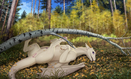 anus butt claws cloud day feet female female_feral feral forest genitals horn looking_at_viewer lying lying_on_ground on_back on_ground outside paws plant sky smile solo tail teeth toes tree vulva wet wet_body wings conditional_dnp kodardragon mythology chara_(kodardragon) dragon mythological_creature mythological_scalie scalie 2026 digital_drawing_(artwork) digital_media_(artwork) hi_res