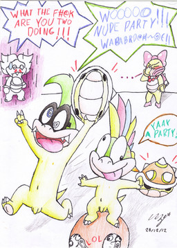 anthro balls facepalm female flaccid foreskin genitals green_hair group hair insane male multicolored_hair navel nipples nude penis profanity shell-less small_penis text young young_male tribaldragon lol_guy mario_bros nintendo iggy_koopa koopaling lemmy_koopa ludwig_von_koopa wendy_o._koopa dragon_koopa koopa scalie 2012 dated english_text hi_res signature traditional_media_(artwork)