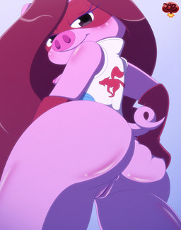 anthro anus areola armwear bedroom_eyes big_butt blush bottomless bottomless_anthro bottomless_female breasts butt butt_focus butt_grab clothed clothing elbow_gloves female fur genitals gloves hair half-closed_eyes hand_on_butt handwear looking_at_viewer low-angle_view narrowed_eyes nipples seductive simple_background small_breasts smile solo standing tail topwear vulva ladycherrybomba cherry_(ladybomber) domestic_pig mammal suid suine sus_(pig) digital_media_(artwork) hi_res