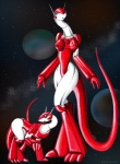 anthro breasts crossgender duo female long_tail machine mini_me standing tail raptorsr team_galaxy fluffy_(team_galaxy) robot