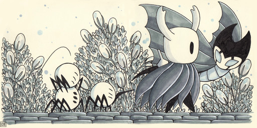2_horns 6_eyes ambiguous_gender biped black_eyes cloak clothing eyes_closed group horn logo melee_weapon multi_eye multi_limb nail_(weapon) plant side_view walking weapon weapon_on_back wings netmors hollow_knight_(franchise) team_cherry grimmchild_(hollow_knight) the_knight_(hollow_knight) arachnid arthropod vessel_(species) weaver_(hollow_knight) 2020 artist_logo hi_res marker_(artwork) traditional_media_(artwork)