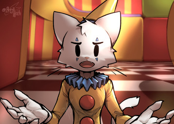 alternate_species anthro black_eyes circus clothing clown clown_costume clown_hat clown_makeup colorful_background dialogue first_person_view floor fur hat headgear headwear looking_at_viewer male open_mouth pink_nose red_button skinny skinny_anthro solo tongue white_body white_fur artdeitech glitch_productions kaufmo_meme the_amazing_digital_circus kaufmo_(tadc) domestic_cat felid feline felis mammal hi_res meme