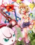 badge battle blue_eyes blush breasts brown_hair capsule carrying_another casual_exposure clothed clothing convenient_censorship cosplay ear_tuft eyes_closed female fight fur glistening glistening_body glistening_skin green_eyes group hair hat headgear headwear holding_object holding_pokeball human_focus jewelry male medium_breasts melee_weapon monado navel necklace not_furry_focus on_head open_mouth orange_hair pokeball short_hair standard_pokeball swimming_trunks swimwear sword tongue topless tuft weapon yellow_body yellow_fur rorretsim earthbound_(series) galaga mario_bros nintendo pokemon pokemon_(anime) super_smash_bros. xenoblade_chronicles xenoblade_chronicles_1 pokemon_trainer riki_(xenoblade) serena_(pokemon) shulk amphibian bob-omb canid canine fennekin generation_1_pokemon generation_6_pokemon greninja human jigglypuff living_bomb mammal nopon pikachu pokemon_(species) rodent shiny_pokemon waddling_head crossover