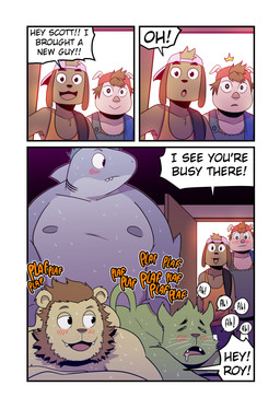 anthro backpack_strap backwards_baseball_cap backwards_hat baseball_cap being_watched bilateral_penetration blush bodily_fluids brown_body brown_hair butt butt_grab caught_in_the_act clothing cute_fangs dialogue door drooling duo fangs fin floppy_ears fur gills green_body green_fur green_hair grey_body hair hand_on_butt hat headgear headwear long_ears looking_aside looking_at_another male male/male moan mohawk nipples non-mammal_nipples orange_clothing orange_shirt orange_topwear overalls overweight pink_body pink_clothing pink_hat pink_headwear red_clothing red_hat red_headwear round_ears saliva sex shirt shocked speech_bubble sweat tail tank_top teeth teeth_showing text topwear walk-in whiskers yellow_body t0l0k isaac_(t0l0k) octavio_(t0l0k) roy_(t0l0k) scott_(t0l0k) ted_(t0l0k) aquatic canid canine canis domestic_cat domestic_dog domestic_pig felid feline felis fish lion mammal pantherine shark suid suine sus_(pig) comic english_text hi_res multiple_scenes