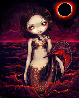 black_hair bra_(anatomy) breasts eyebrows eyelashes female fin fingers fish_tail hair legless lips long_hair looking_at_viewer makeup mermaid_tail not_furry nude pupils red_lips scaled_breasts sea small_breasts solo split_form tail tail_fin water wavy_hair jasmine_becket-griffith humanoid humanoid_merfolk mammal marine merfolk formal_art painting_(artwork) red_theme signature traditional_media_(artwork) traditional_painting_(artwork)
