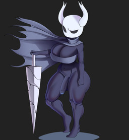 2_horns anthro big_breasts big_penis black_body black_eyes bottomless breasts cape cleavage clothed clothing crop_top empty_eyes flaccid foreskin genitals gynomorph horn intersex melee_weapon penis shirt solo sword topwear weapon god1annie hollow_knight_(franchise) team_cherry the_knight_(hollow_knight) arthropod insect vessel_(species) 2025