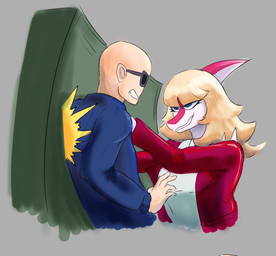 anthro bald blonde_hair blue_eyes bullying clothing duo eyelashes eyewear female fingers grey_background hair human_bullied jacket leather leather_clothing leather_jacket leather_topwear light-skinned_male light_body light_skin locker long_hair male multicolored_body multicolored_scales red_body red_scales scales simple_background smile snout sunglasses tan_body tan_scales teeth topwear two_tone_body two_tone_scales ae_9_9_9 cavemanon_studios i_wani_hug_that_gator inco_(iwhtg) mia_moretti dinosaur hadrosaurid human mammal ornithischian ornithopod parasaurolophus prehistoric_species reptile scalie 2023 digital_drawing_(artwork) digital_media_(artwork) hi_res