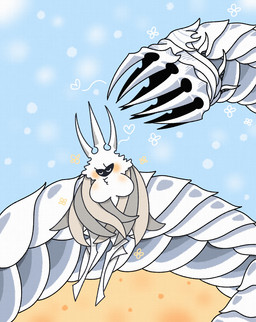 ambiguous_gender anthro big_breasts blush breasts duo eyelashes eyes_closed featureless_breasts female feral fur heart_symbol white_body wings osakana2gou hollow_knight_(franchise) team_cherry pale_king_(hollow_knight) radiance_(hollow_knight) arthropod insect lepidopteran moth wyrm_(hollow_knight) hi_res