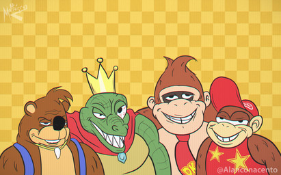anthro backpack bloodshot_eyes cape close-up clothed clothing crown fur green_body green_scales group half-closed_eyes hat headgear headwear humor jewelry king looking_at_viewer male narrowed_eyes necklace necktie royalty scales sharp_teeth shirt smile teeth topwear alanconacento banjo-kazooie donkey_kong_(series) me_and_the_boys nintendo rareware super_smash_bros. super_smash_bros._ultimate banjo_(banjo-kazooie) diddy_kong donkey_kong_(character) king_k._rool ape bear crocodile crocodilian gorilla haplorhine kremling mammal monkey primate reptile scalie 2019 absurd_res chromatic_aberration hi_res meme watermark