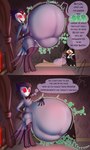 after_vore anthro belly big_belly grey_body group huge_belly inside male male_pred overweight red_eyes text vore afraart helluva_boss stolas_(helluva_boss) avian bird demon imp owl 2022 3:5 absurd_res comic english_text hi_res