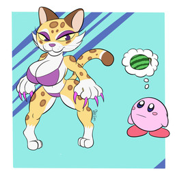 anthro big_breasts bikini breasts claws clothing countershading duo eyelashes female food fruit fur melon plant simple_background swimwear thick_thighs thought_bubble two-piece_swimsuit underwear watermelon wide_hips yellow_body yellow_fur daison_the_fox kirby_(series) kirby_and_the_forgotten_land nintendo clawroline kirby felid leopard mammal pantherine hi_res